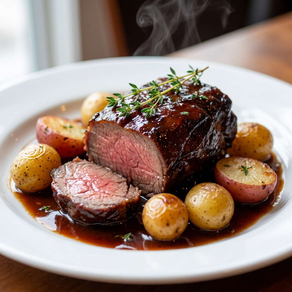 Cider-braised beef cheeks with golden baby potatoes and thyme in a rich glossy sauce